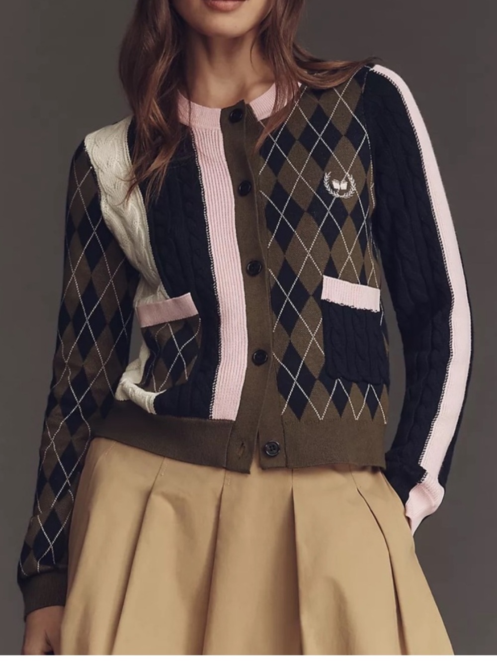 Maeve Olive, Black & Pink Argyle Knit Cardigan